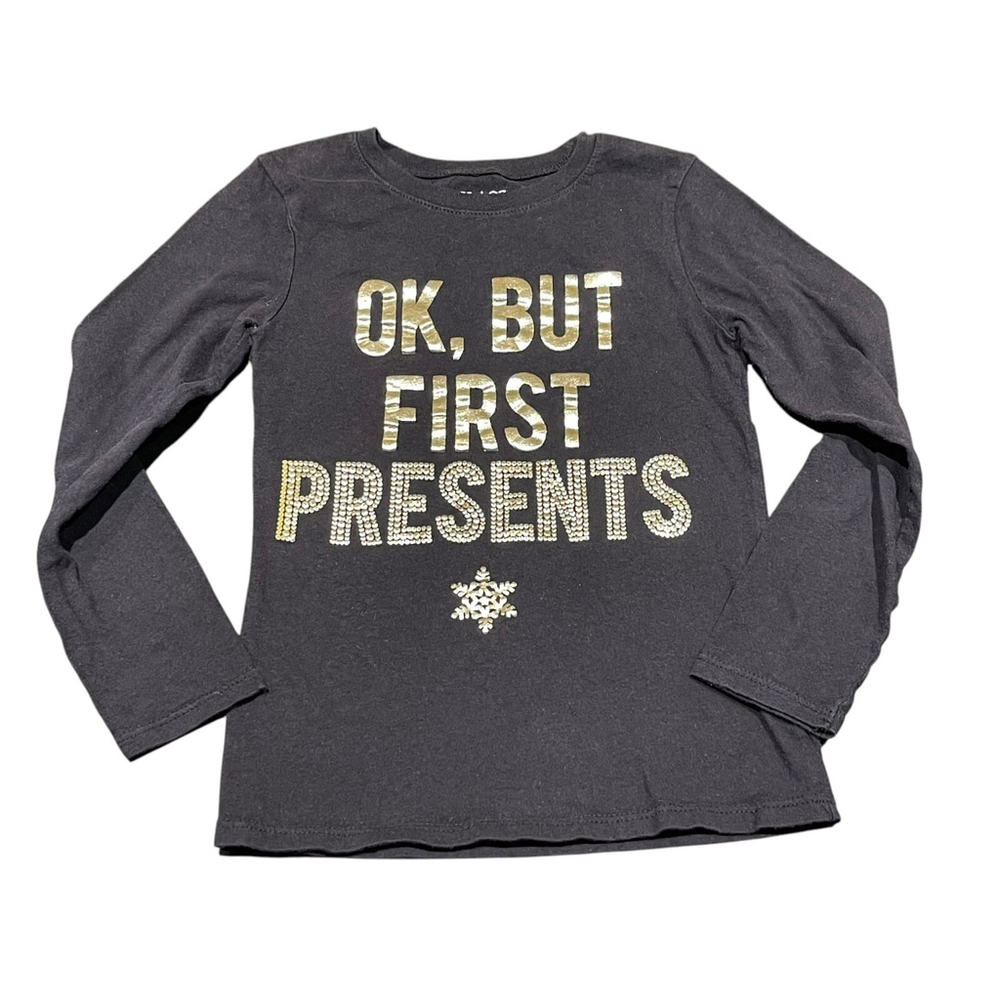 Children’s Place Girls Black Christmas Presents Graphic T-Shirt Top Size S 5/6